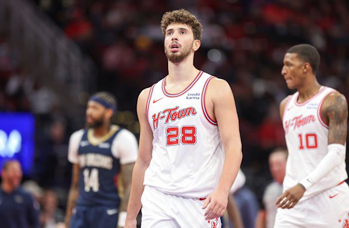 Rockets center Alperen Sengun reacts after a play during the third quarter against the New Orleans Pelicans at Toyota Center.